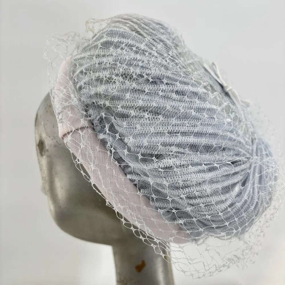 Vtg Pillbox Hat Birdcage Veil Blue Mesh Cocktail Church Wedding Fascinator